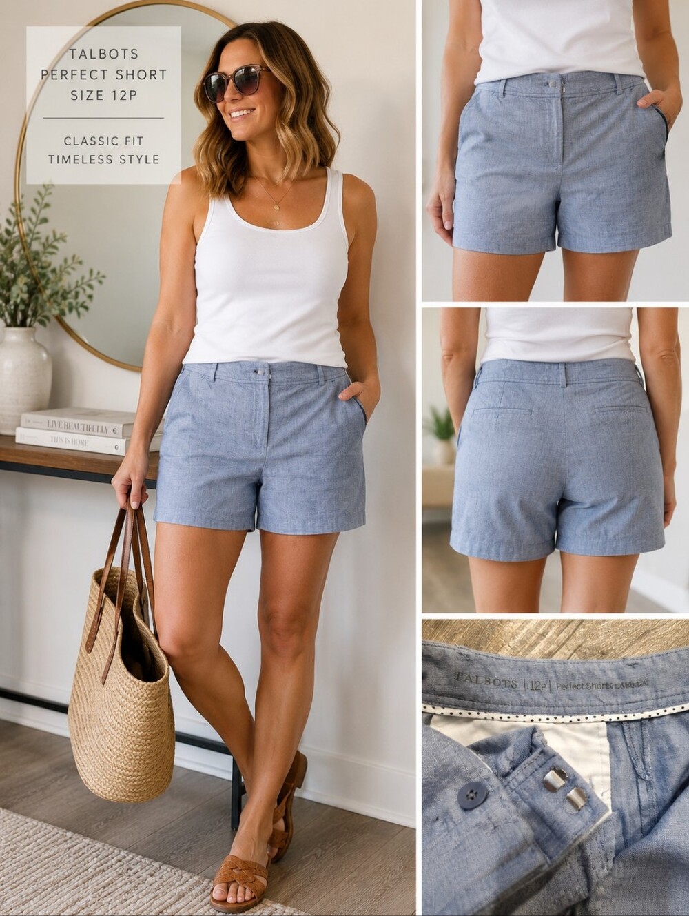 Talbots Perfect Short Women's 12P Light Blue Chambray Cotton Shorts Petite Class